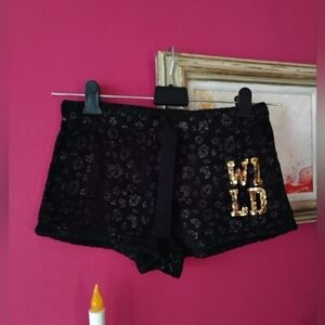 Women's Black Fleece Leopard Print Lounge Shorts - WILD in Gold Sequin - SIZE S